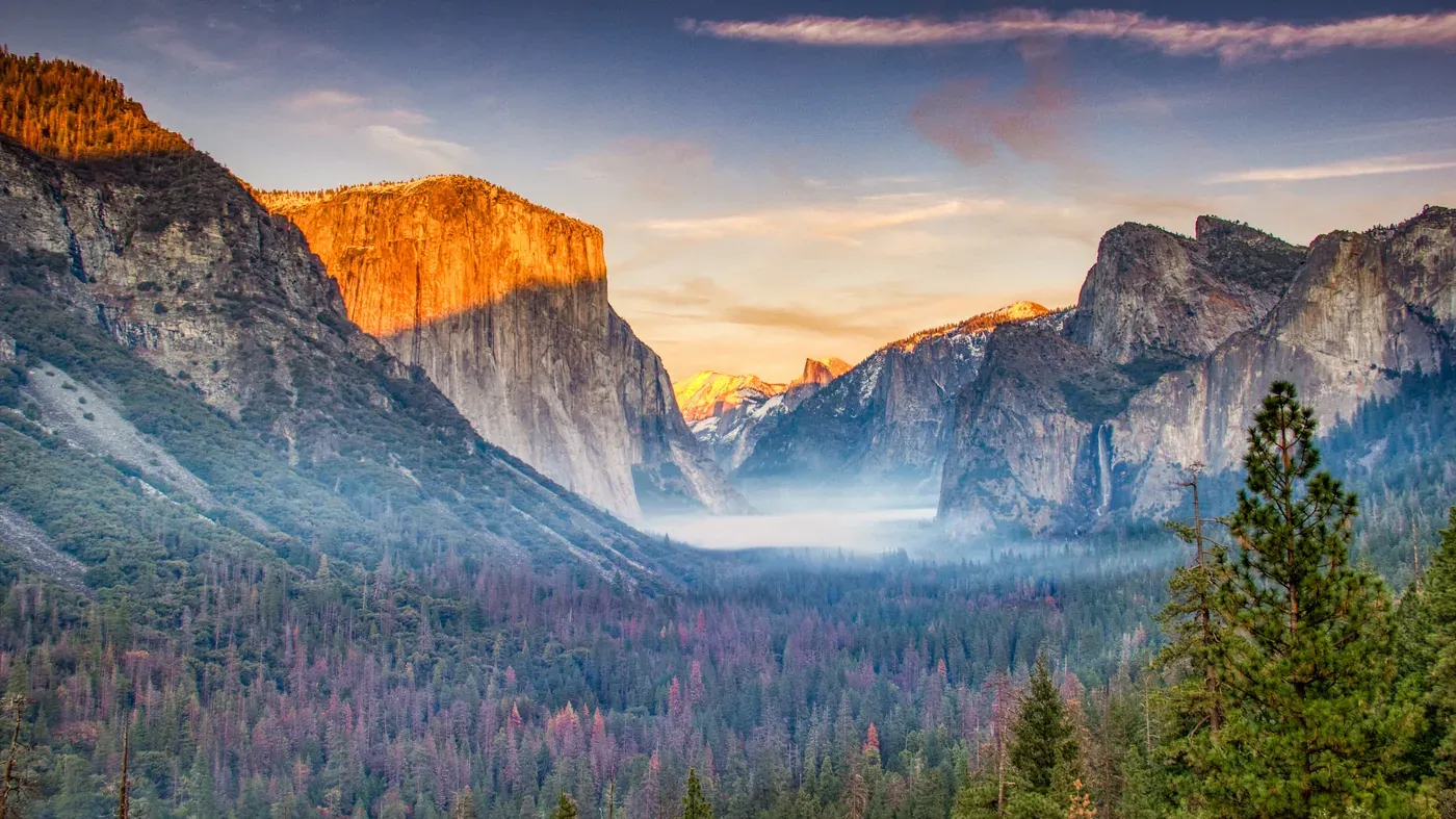 Tunnel View at sunrise — El Capitan lit gold above a mist-filled Yosemite Valley